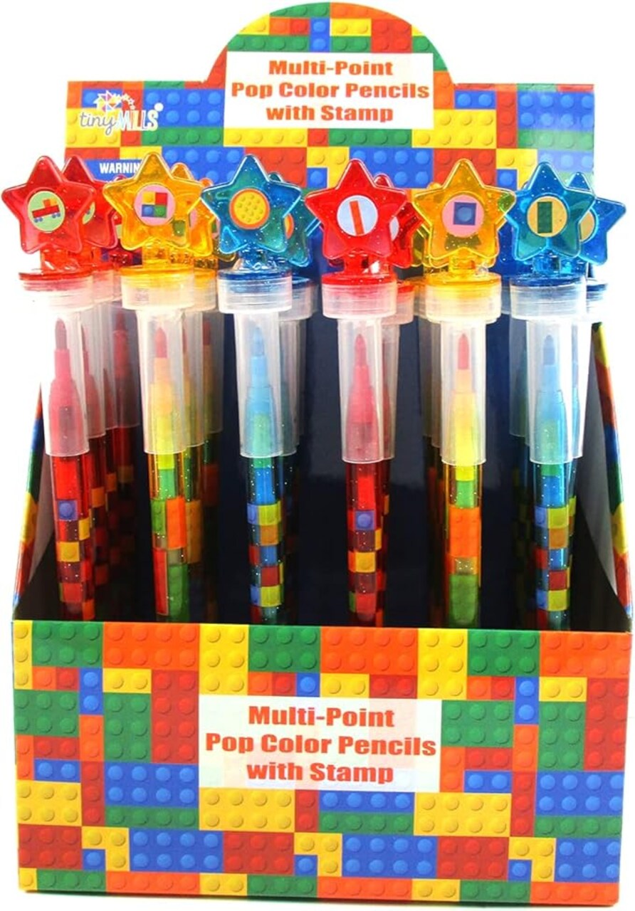 TINYMILLS 24 Pcs Color Blocks Bricks 2 in 1 Stacking Crayons with Stamp Topper